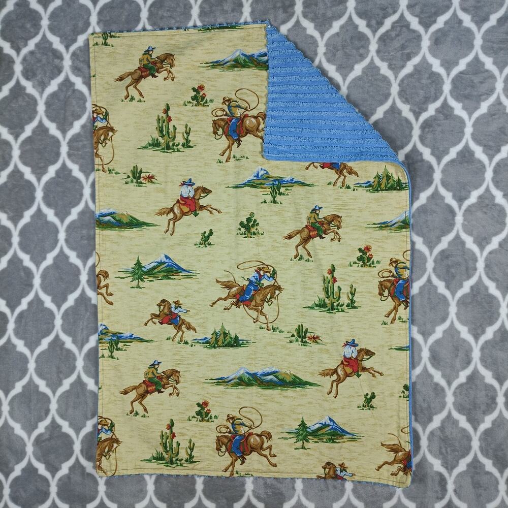 Handmade Western Baby Blanket Cowboy Beige Blue Horse Cactus Southwestern Small